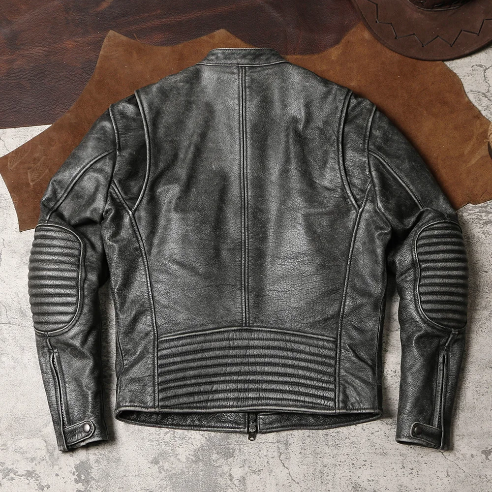 Original Stone Mill Used Leather Jacket with Genuine Leather Stand Up Collar, High Waist, Slim Fit Motorcycle Leather Jacket