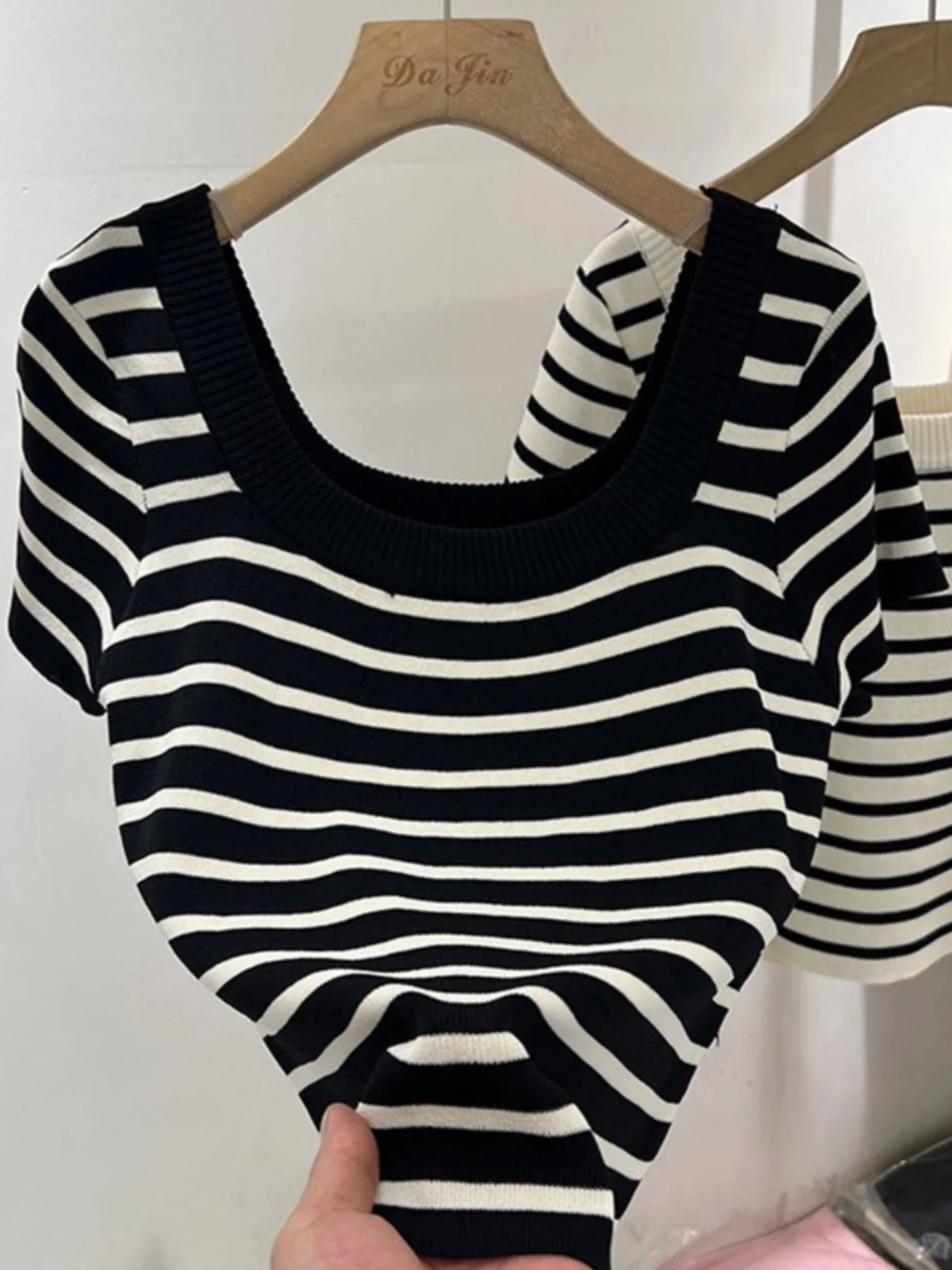 حجم كبير المرأة منخفضة مستديرة Ne الترقوة مخطط محبوك ort Sve تي شيرت الصيف ort عالية الخصر التخسيس