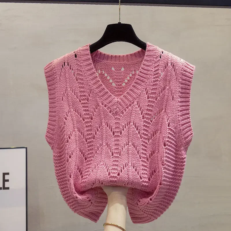 V-neck Openwork Knitted Vest Women's 2023 Spring Autumn/winter New Loose Outer Wear Horse Clip Layered Sweater