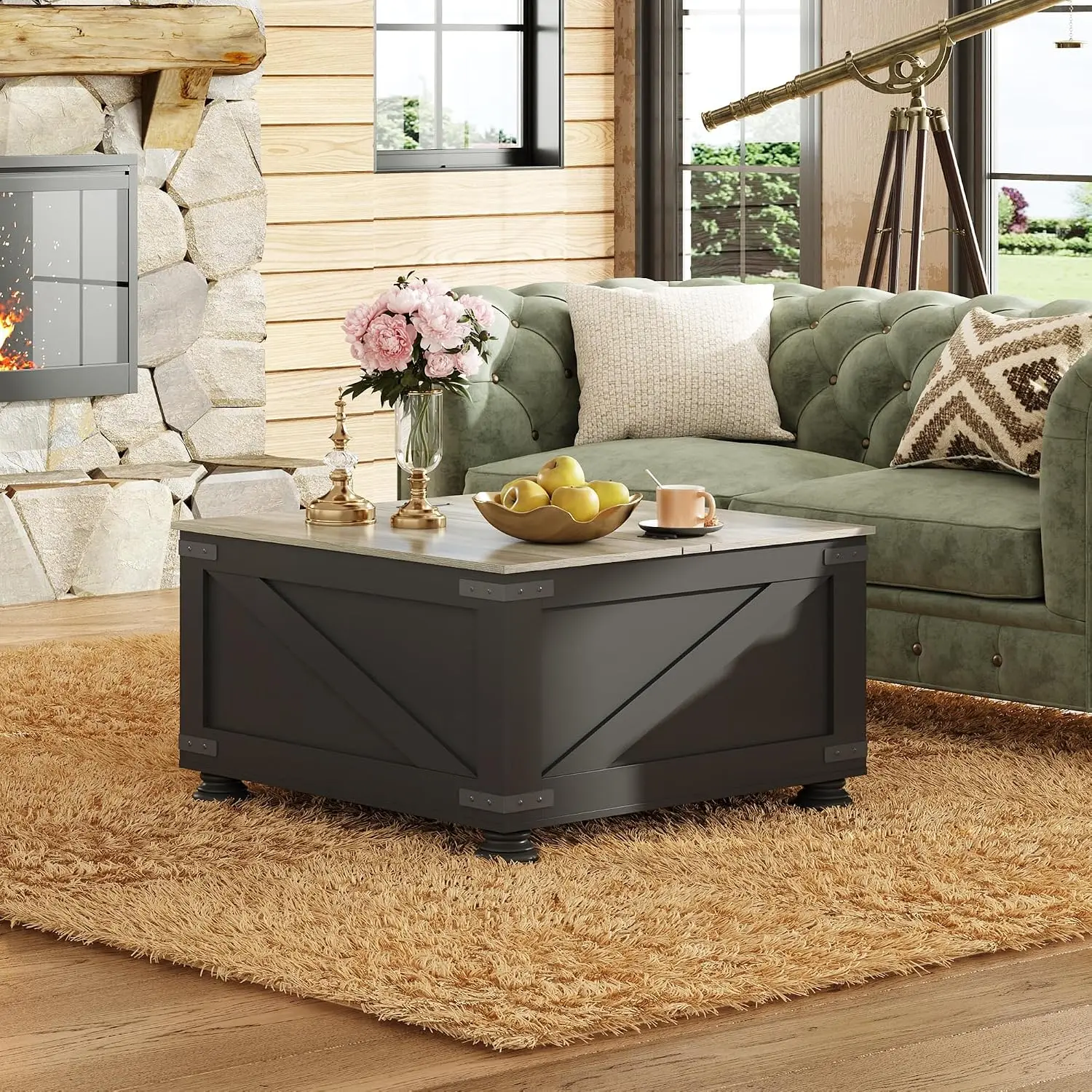 Farmhouse Lift Top Coffee Table Storage 31.5" Square Flip-Top Hidden Compartment Living Room Bedroom, Customized 2