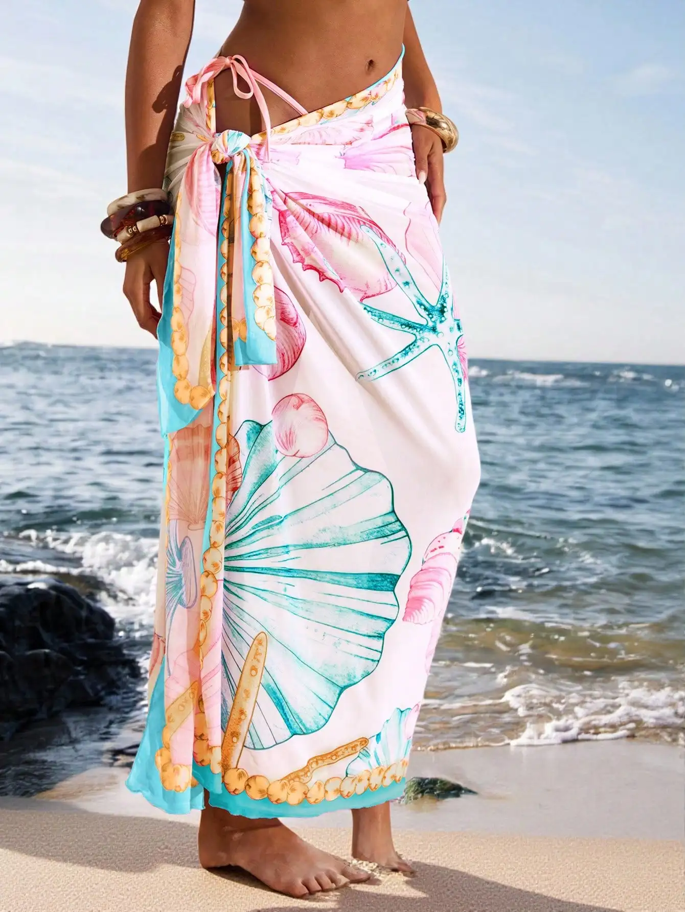 

Long Sheer Beach Cover Up Sarong For Women With Sea Shell Print And Knot Tie