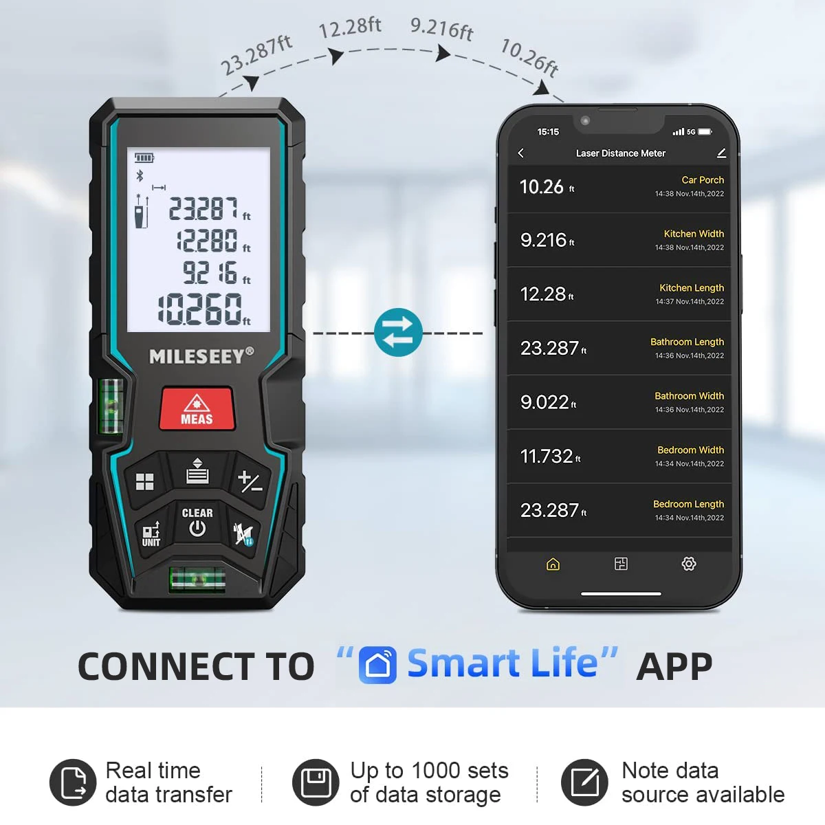 MILESEEY Laser Distance Meter D5T Bluetooth Laser Tape Measure Smart Tape measure with  APP, can Hand-drawn Plan on APP