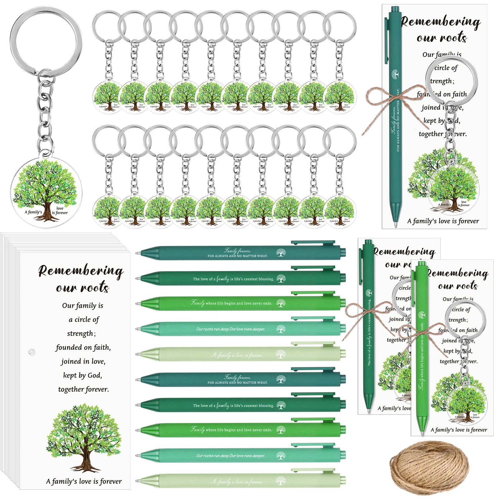 

50 комплектов подарков для воссоединения семьи, шариковые ручки с брелком «Любовь семьи», закладки с нашими корнями, веревка для семьи