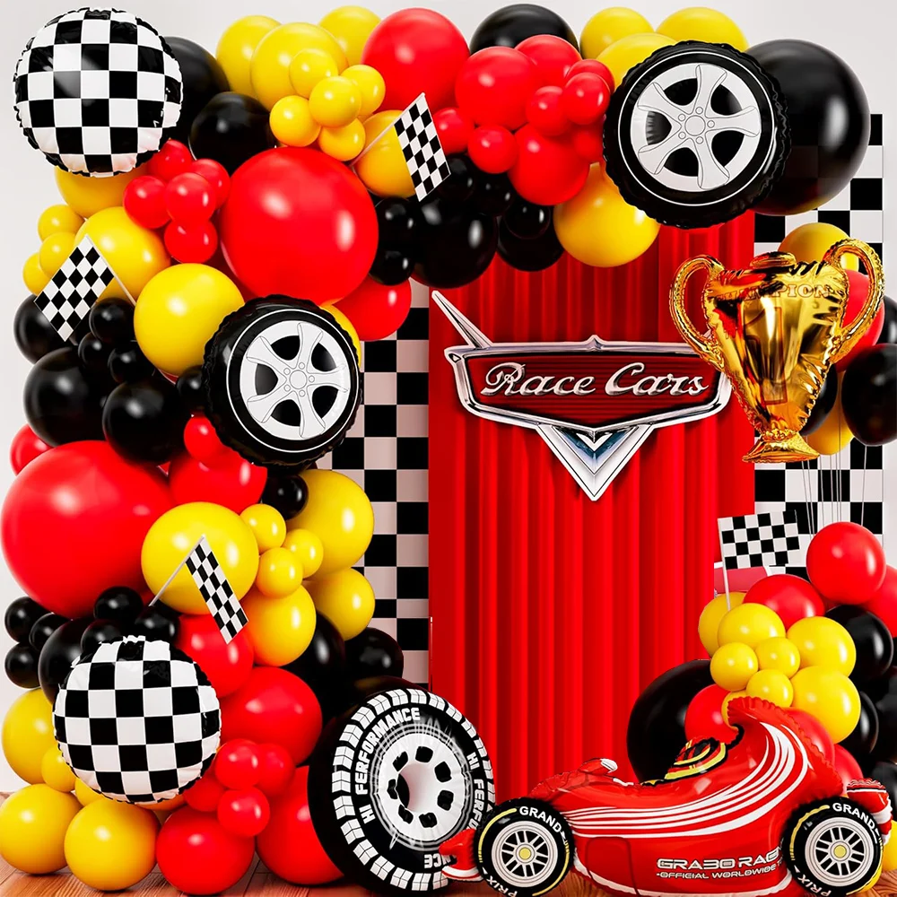 Roter, gelber, schwarzer Rennwagen-Ballonbogen-Set mit Trophäe und Reifen für Lightning Car Fast Two Geburtstagsparty-Dekorationszubehör – Detail 1