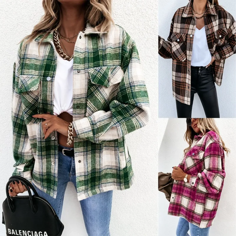

American Retro Short Loose Long-sleeved Plaid Shirt Casual and Versatile Plaid Jacket Unisex Single-breasted Lapel Top