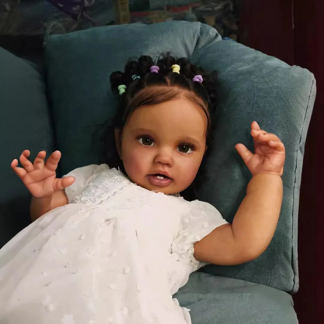 24インチ ダークブラウン肌のロッティ リボーンドール 幼児 新生児人形 プリンセス 女の子 本物そっくり ソフトタッチ 3Dスキンアートドール