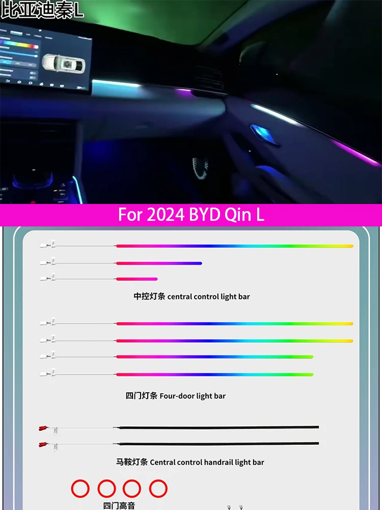 

Для 2024 BYD Qin L окружающий свет, атмосферный свет, декоративный свет, цветной свет, декоративная полоса модификации света