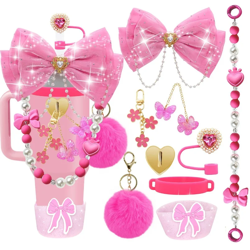 

Bling Cup Accessories for 40/30/20 oz Tumbler with Handle Including Glitter Bow Straw Topper, Heart Straw Cover, Pearl Water Bo