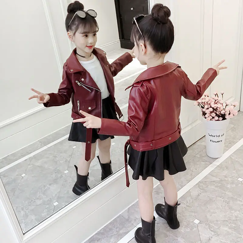 Top Fashion Girls Boy PU Jackets Coat Kids Baby Belt Leather Jacket Spring Autumn Coat Children Clothes Overcoats 4-14T