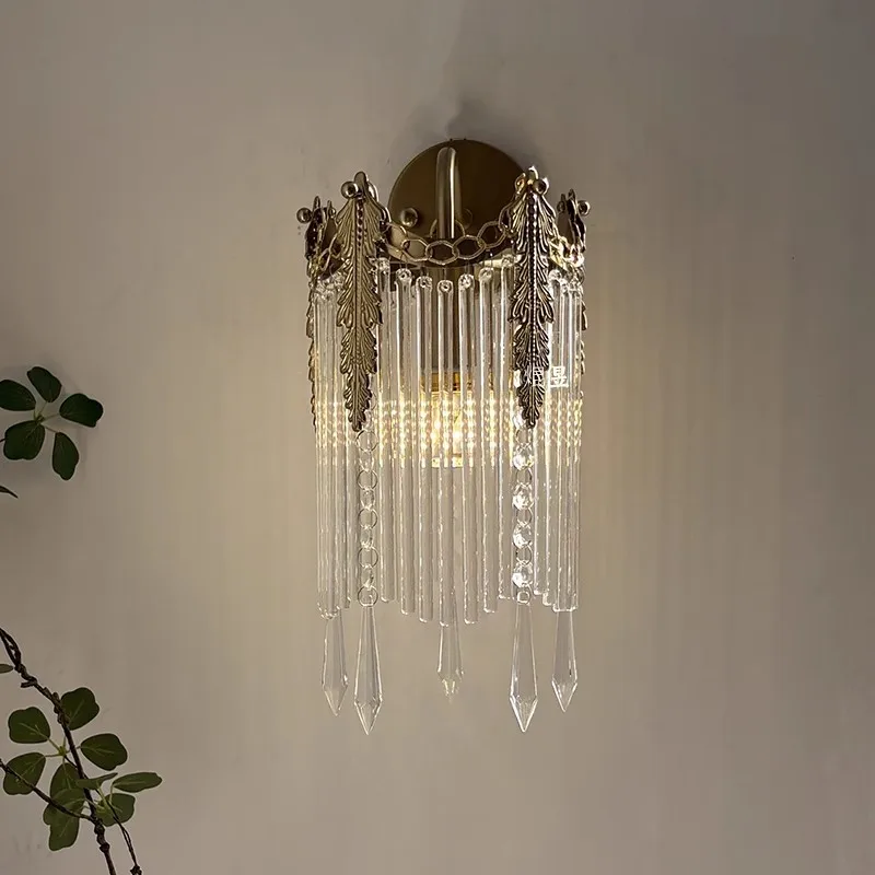 French retro light luxury round crystal wall lamp, antique glass strip tassel, American bedside background wall crown lamp
