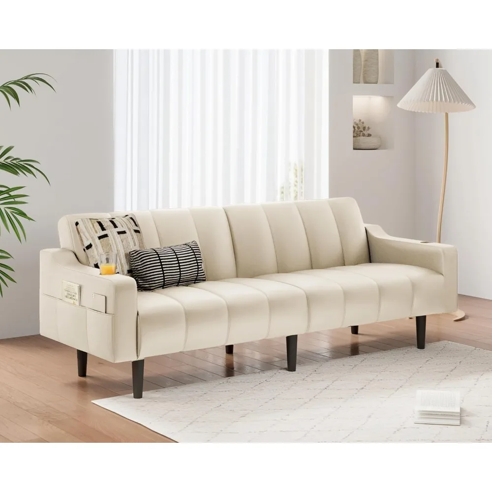 

Futon Sofa Bed, 80" Faux Leather Couch, Sleeper Sofa Bed with Adjustable Backrest& Storage, Mid Century Modern Loveseat Couch fo