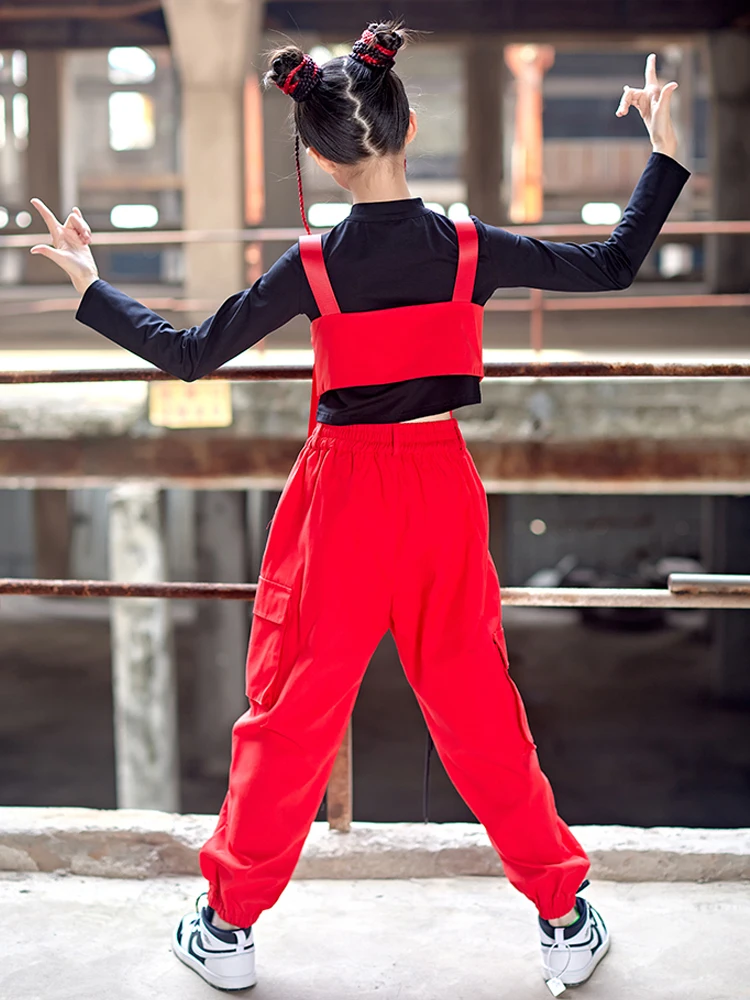 2022 Girls Jazz Dance Costume Long Sleeves Tops Red Hip-Hop Performance Clothing Kids Vest Pants Fashion Street Wear Kpop BL9079