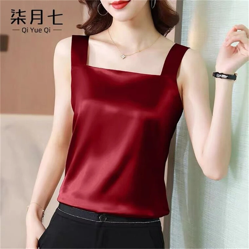 Spring Summer New Style Tank Tops Women Solid Satin Sleeveless Square Collar Loose T Shirt Ladies Vest Slim Clothes 10 Colors