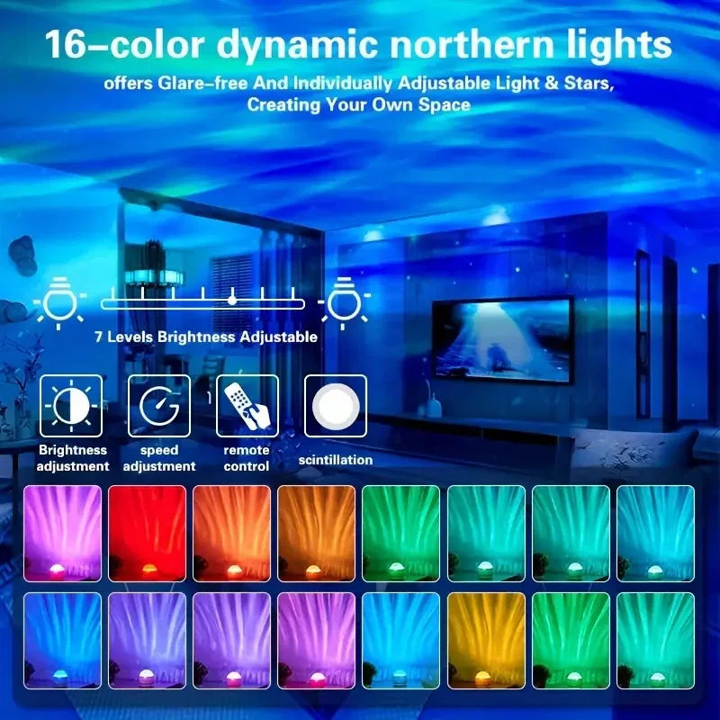 1 Pack USB Powered Aurora Ocean Wave Projection Lamp 16 Color with Rotating Flame Effect Remote Control for Bar Restaurant Decor