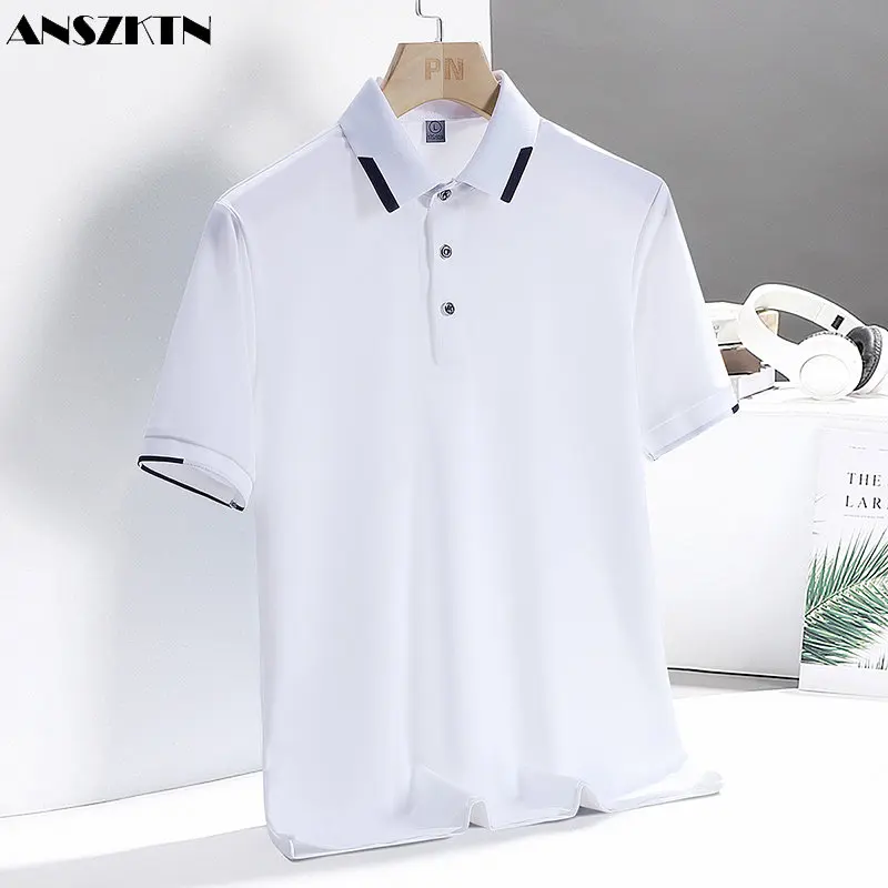 ANSZKTN Men Summer ice silk warp knitted short sleeve T-shirts men's nylon top lapel trend plus size polo shirt