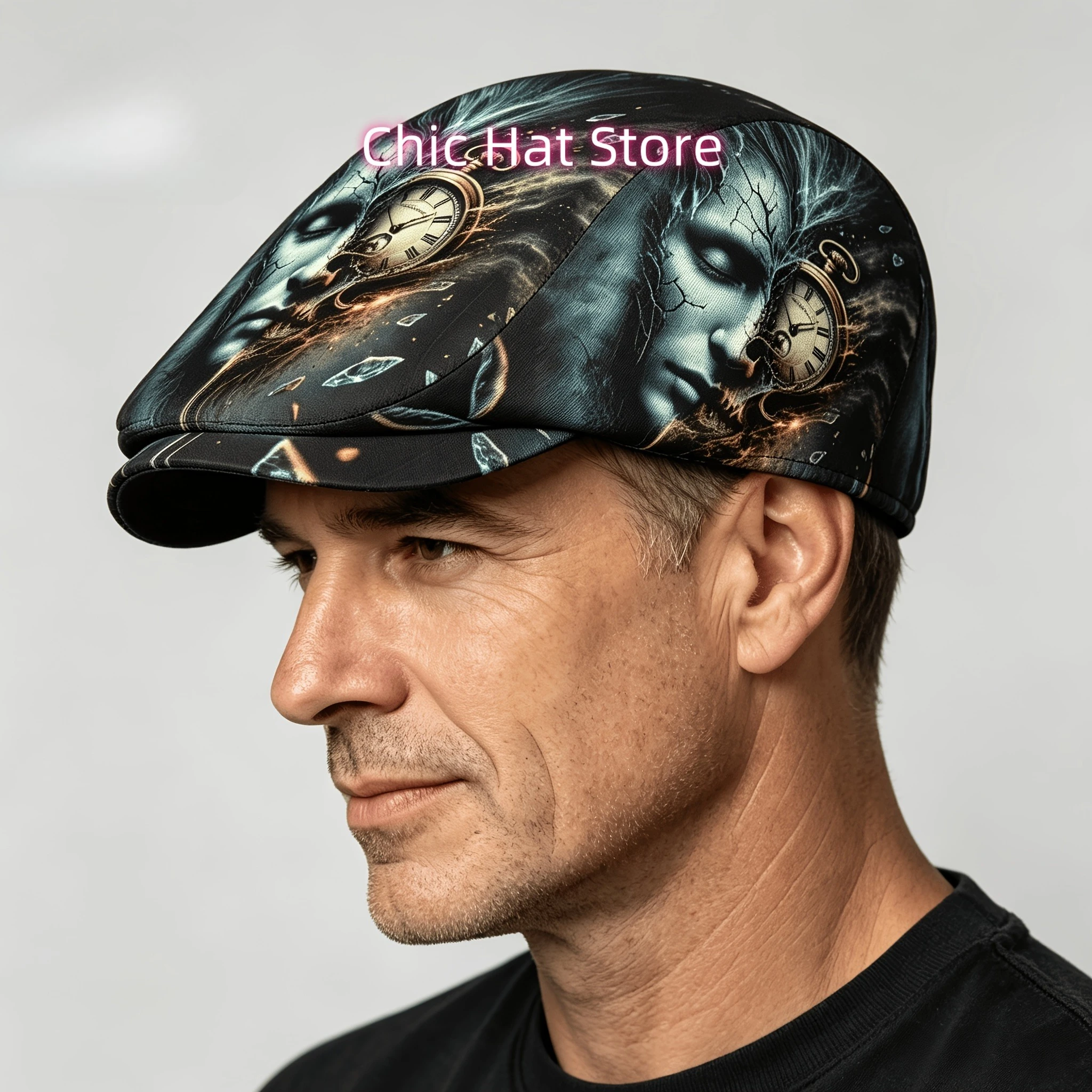 1pc Shattered Face with Golden Clock All-over Print Flat-top Hats for Men and Women, Newsboy Caps, Berets, Irish Hats, Driver Ca