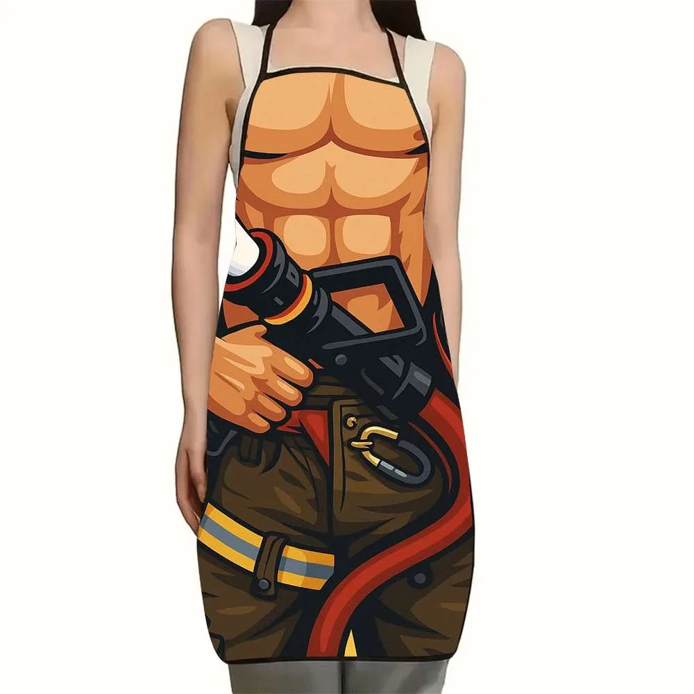 1pc 2D Flat Firefighter & Fire Hydrant Chef Apron, Unisex Adjustable Waist Tie, Washable Reusable, Multi-use for Kitchen