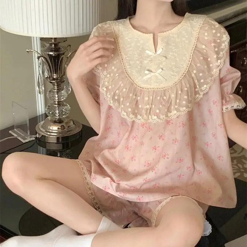 Pajama Pants Set Women's Clothing Homewear Summer Thin Lace Sweet Comfortable Casual Stylish Wearable Simple Loose Large Size