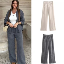 Women Chic High Waist Pocket Design Casual Long Jeans Vintage Cozy Linen Wide Leg Pants