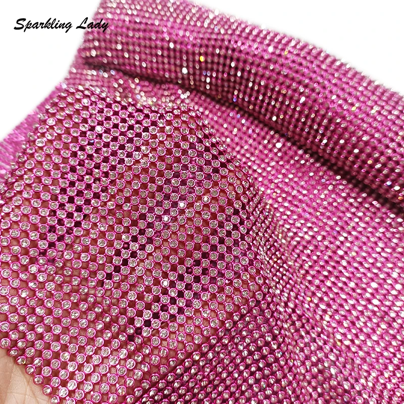 

Embroidered Diamond Mesh Fabric Sparkle Hot Pink Metal Net Crystal Rhinestone Chain Link Fabrics For Garment Bags Designer DIY