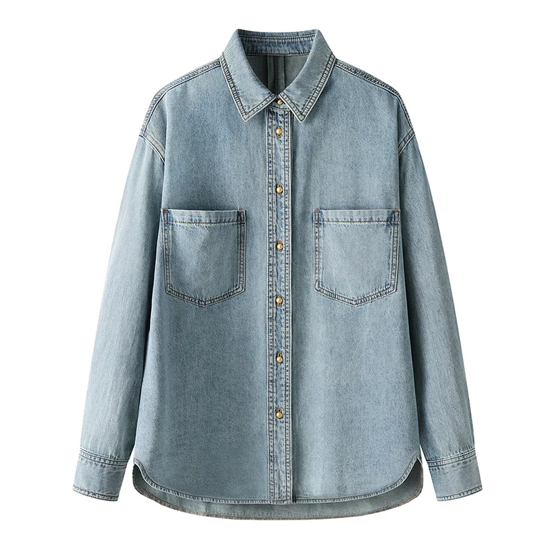 المرأة قميص دينيم معطف قميص بلوزة خمر واحدة الصدر رفض طوق جيوب غسلها 2025 مكتب سيدة سترة علوية