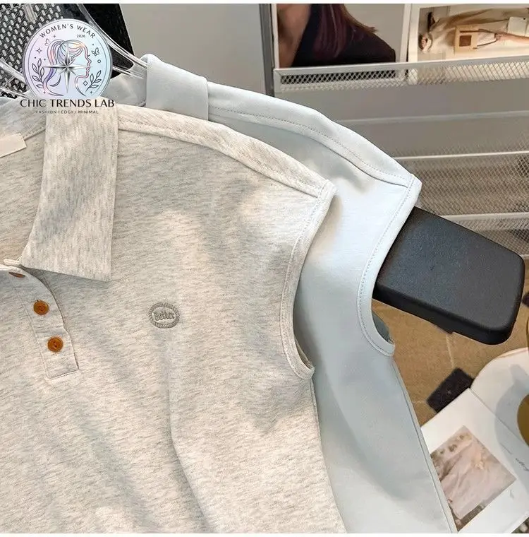 Women Summer Sleeveless Polo Shirt Preppy Style Lapel Collar Button Up Golf Tennis Top Casual Loose Fit Vintage Cap Sleeve Tee