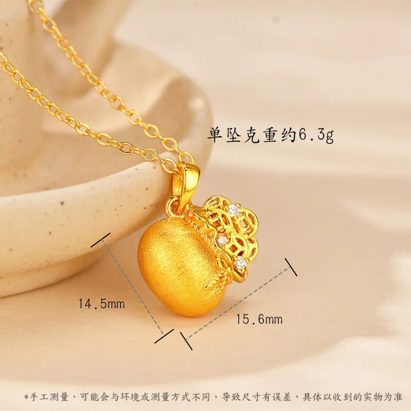 9999 gold brushed coin lucky charm pendant for women, featuring a retro texture and an embedded lockbone chain