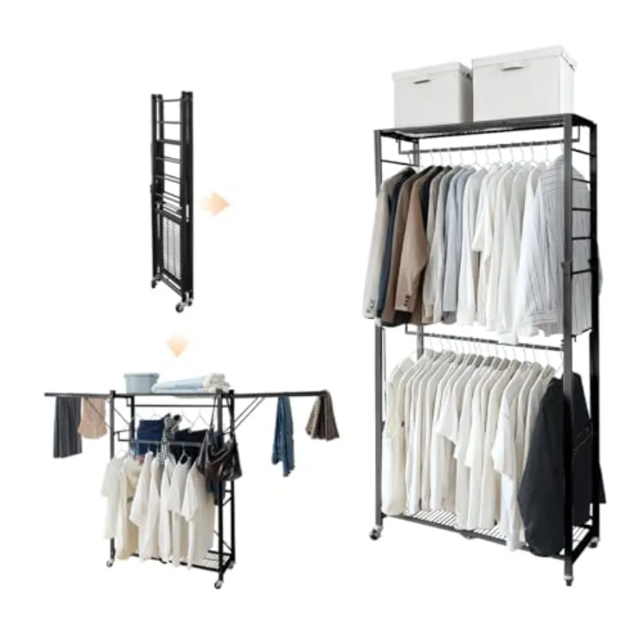 lumizone Folding Clothing Rack with Wheels Expandable Wardrobe Portable Clothes Rack for Hanging Clothes Adjustable Closet Shel