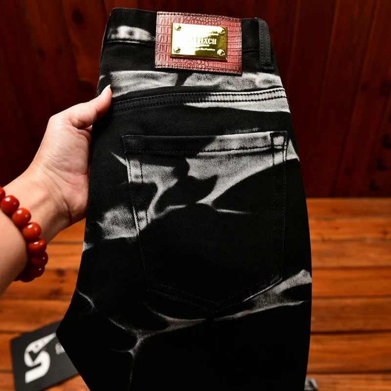 

High end personalized jeans for men, slim fit trend, retro black and white tie dye technology, fashionable pants