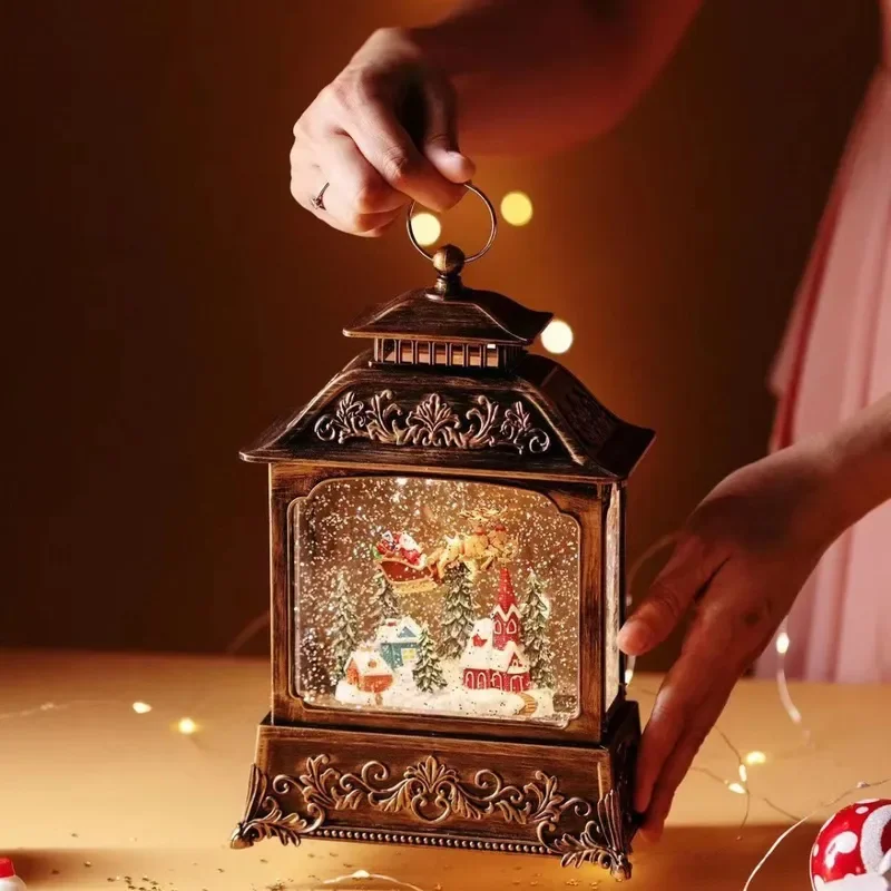 Large Christmas Flat Light Crystal Ball Music Box Flying Deer Pulling Snowman Glowing Holiday Home Decor Gift for Kids Room