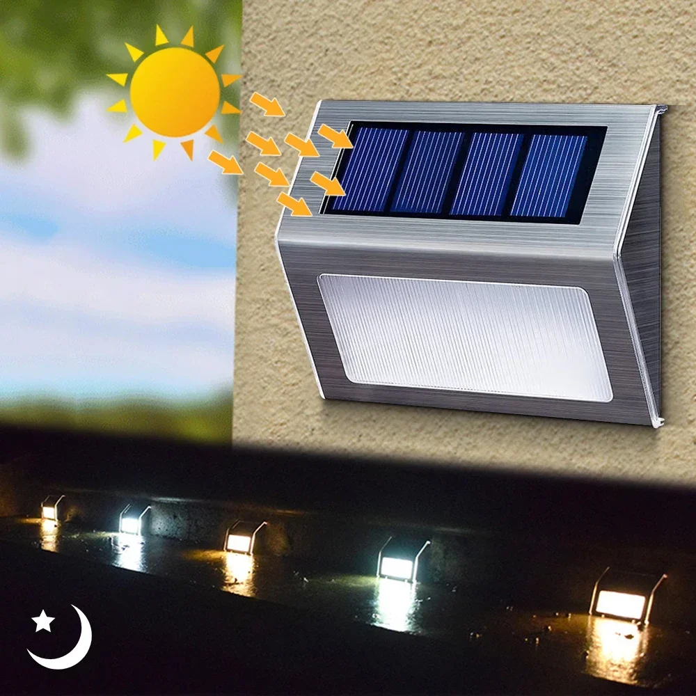 Luces solares de 3LED de carga para escaleras, accesorio decorativo de acero inoxidable para jardín, hogar, patio, valla, parque, lámparas de ambiente, 4 piezas