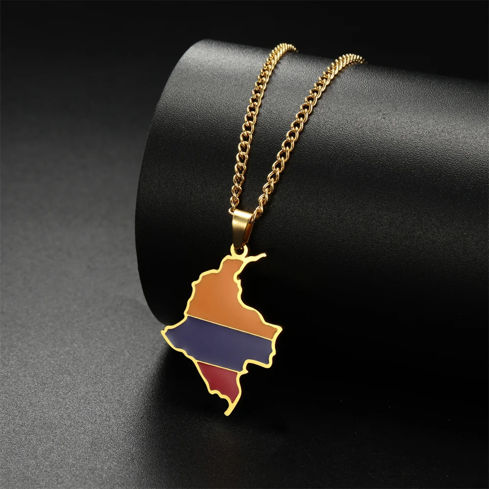 Enamel Colombia Map Necklace Women Men Stainless Steel Trendy Colombia Flag Pendant Chains Choker Ethnic Jewelry Gifts