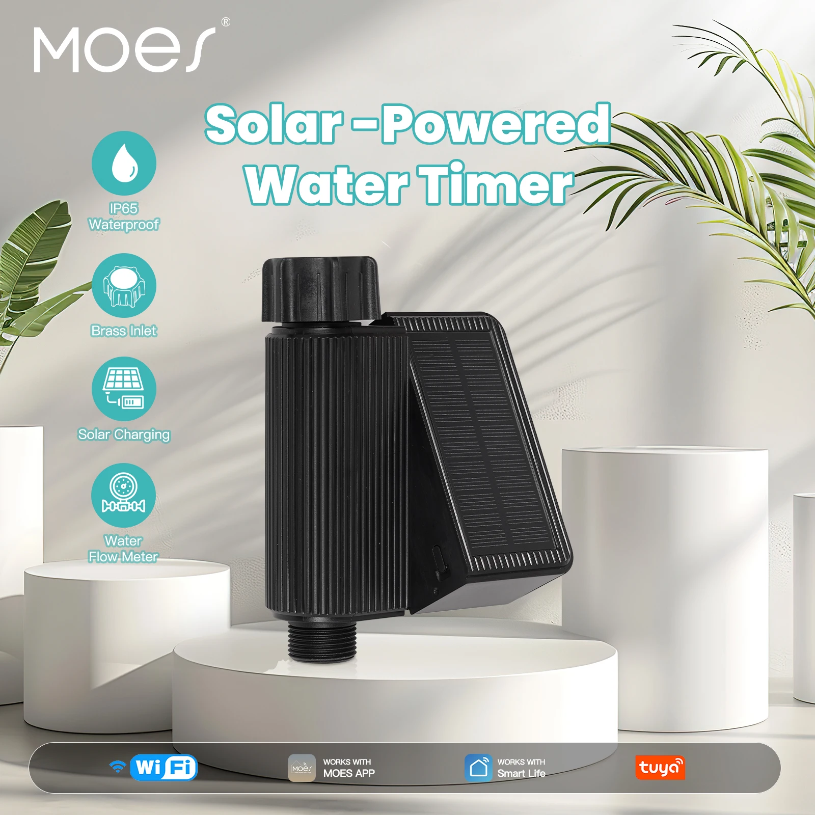 MOES Tuya UK WiFi Solar Powered Water Timer Meter IP65 Waterproof Brass Inlet With Soil Temperature Humidity Sensor Detector