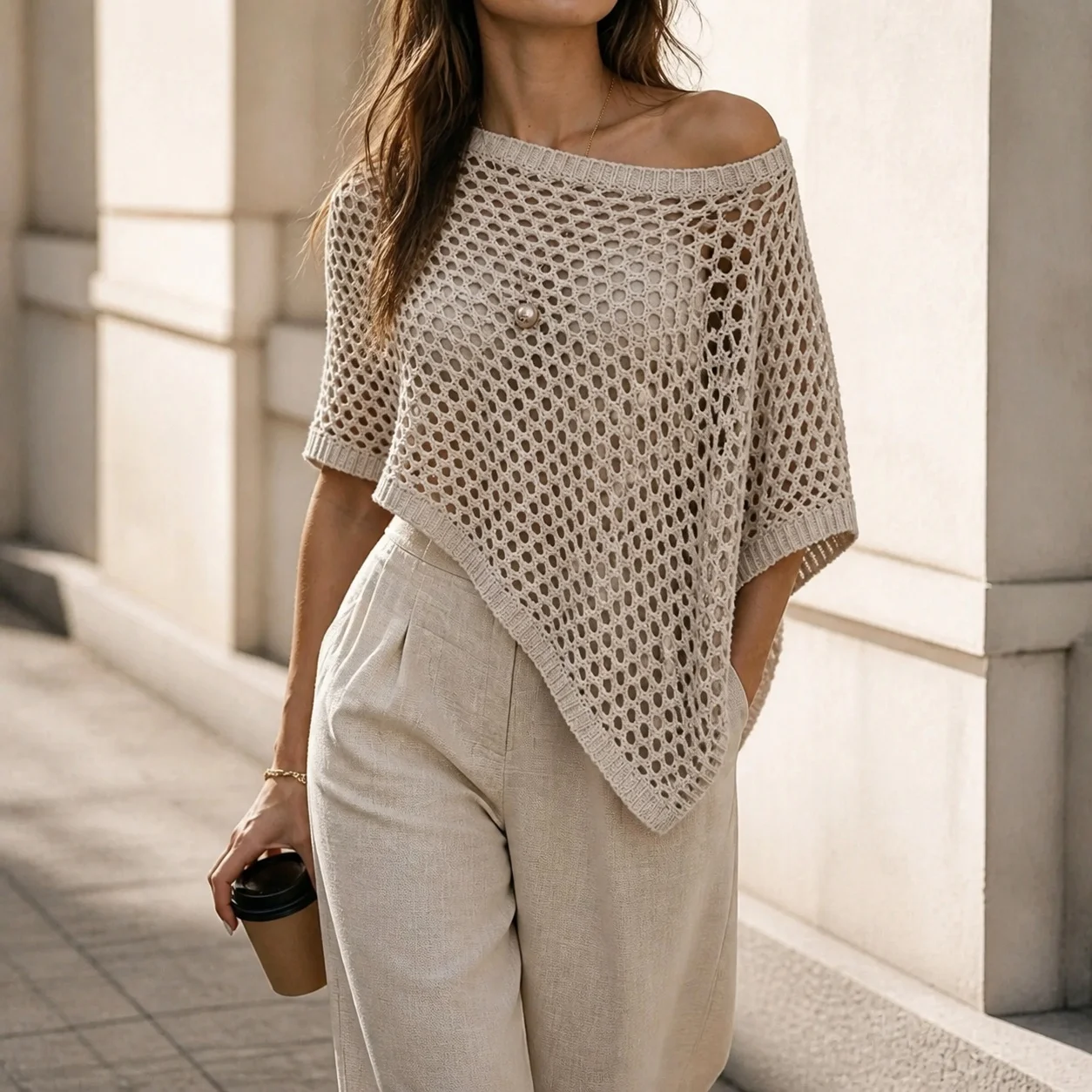Openwork Loose Fit Cape with Batwing Sleeve Midi Length Commuter Shoulder Cape for Women Streetwear Hollow Out Summer Coat