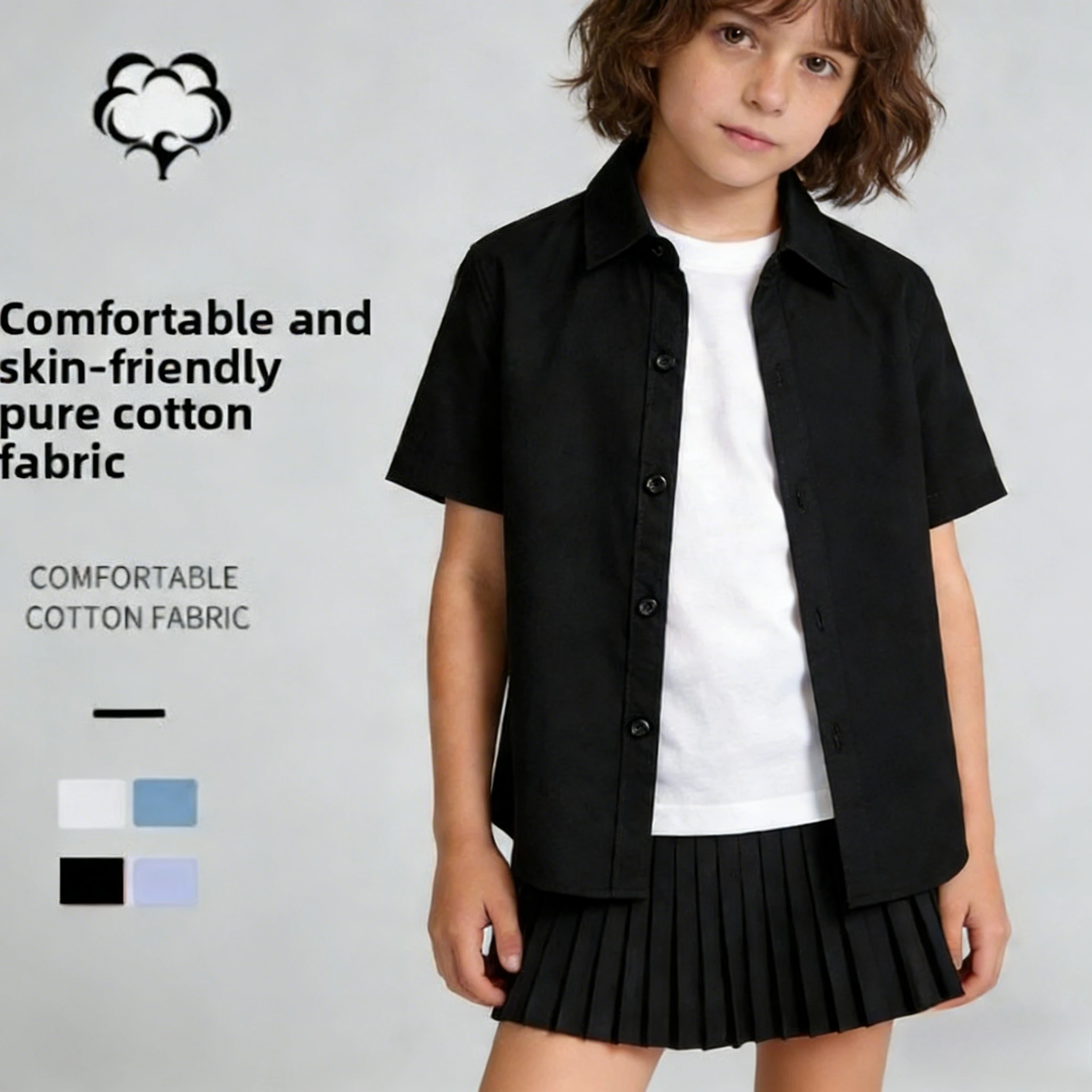 

Детская хлопковая рубашка с коротким рукавом на пуговицах, удобная, приятная для кожи, однотонная, для мальчиков и девочек, школьная форма, одежда для выступлений