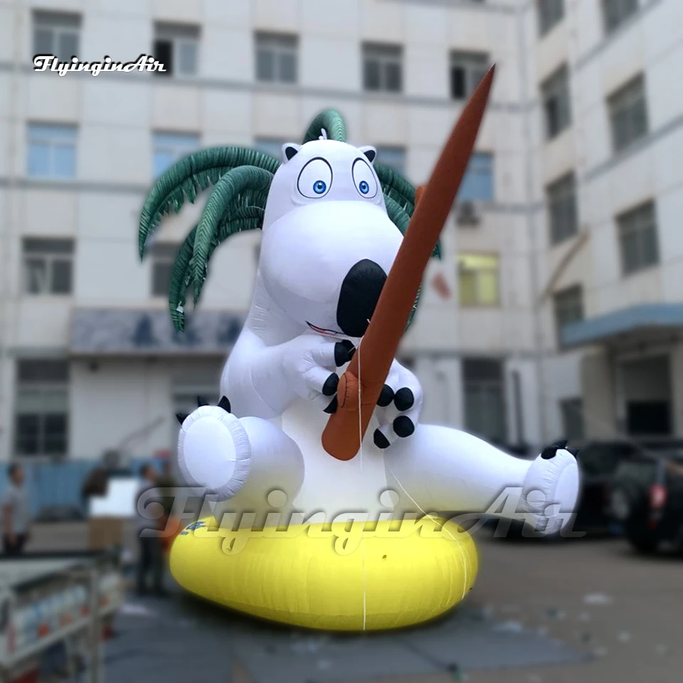 Cute Large Inflatable Fishing Backkom Model Airblown Cartoon Polar Bear Balloon With Palm Tree For Water Park Decoration