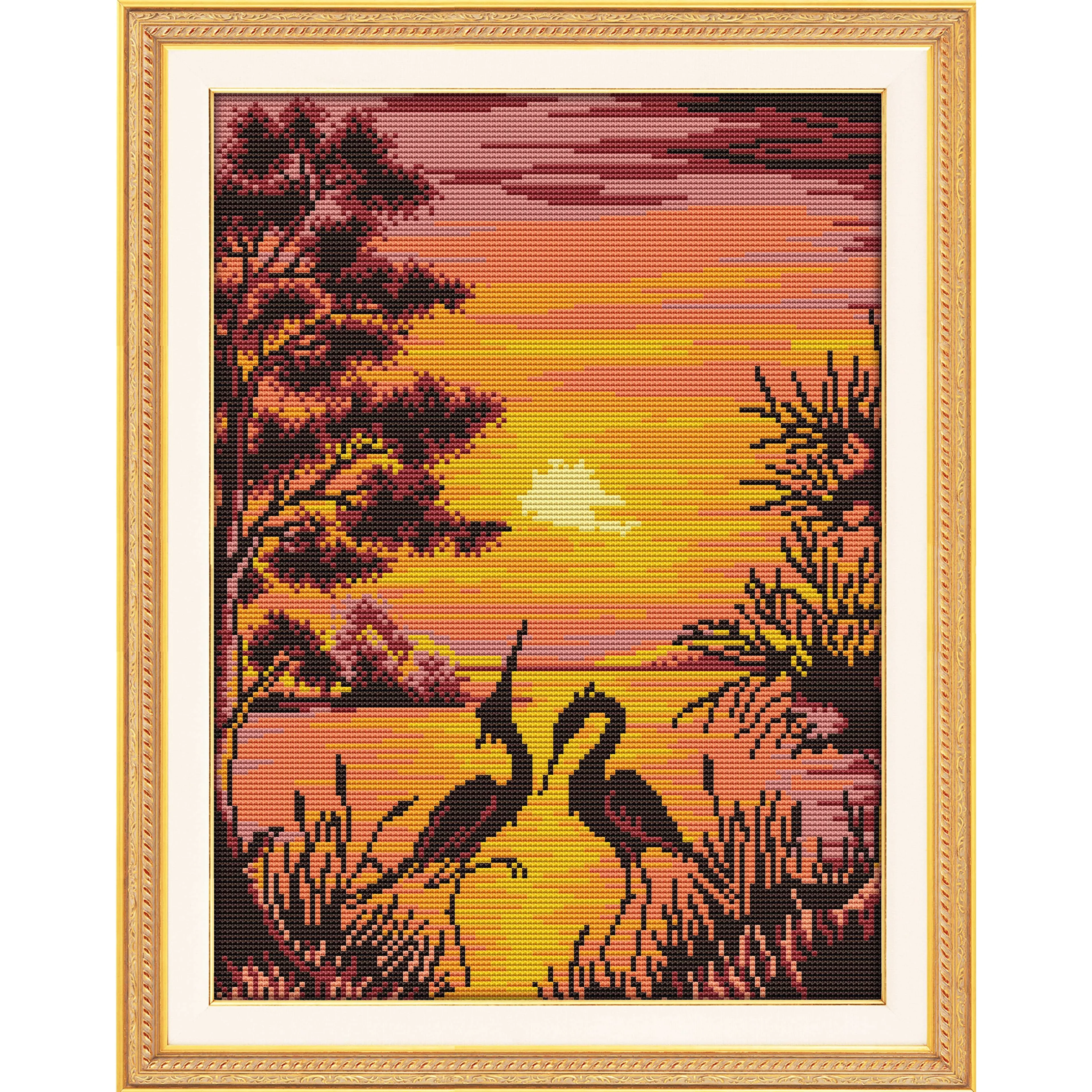 Soulgift News Kit de ponto cruz pré-impresso, tecido Aida estampado com linhas DMC, kit de bordado - Sunset Crane Shadow
