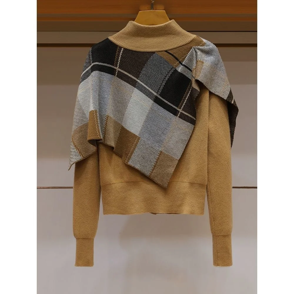 autumn 2023 new fashion temperament stitching high-neck plaid shawl fake two-piece single-breasted sweater all-match women