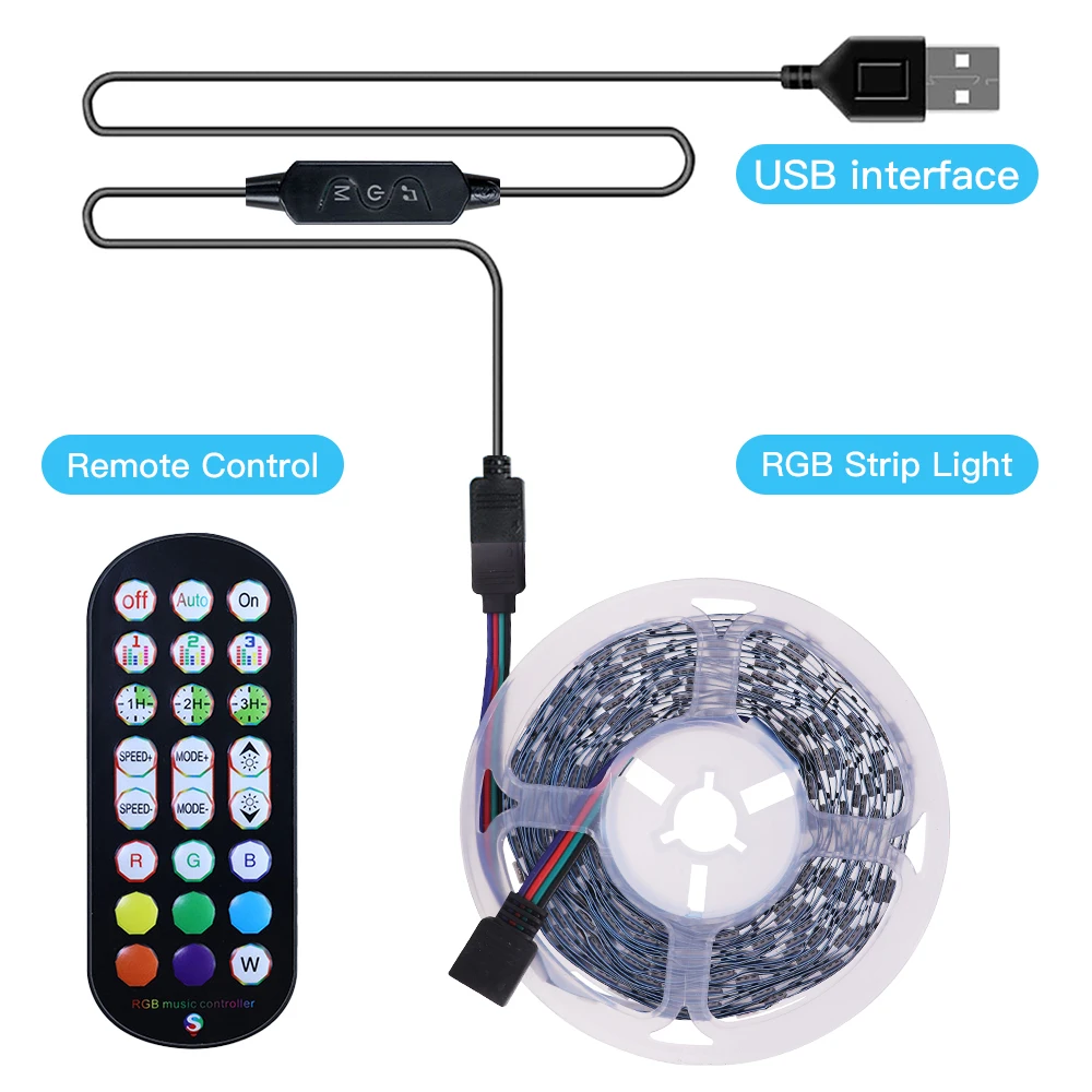 DC 5V 5050 RGB LED Strip Light USB Power Remote Control 5m 10m Lights Tape TV Backlights Holiday Decoration 0.5/1/2/3m Black PCB