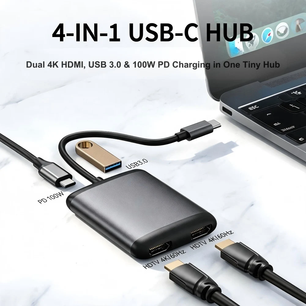 4 in 1 USB C to Dual HDMI Adapter 4K Type C Hub Multiport Splitter with USB 3.0 PD 100W for MacBook Pro Air Dell XPS Laptop