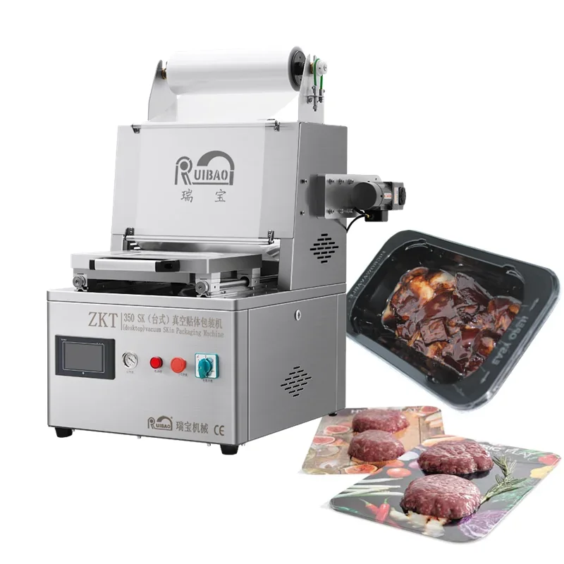 tabletop new design frozen meat vacuum skin packing traysealer machine, automatic film cut