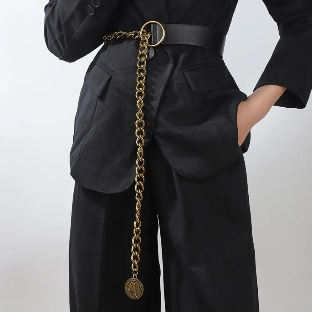 

Simple Metal Buckle PU Leather Belt Adjustable Slim Side Thin Waist Chain Korean Style Suit Matching Dress Chain Girls