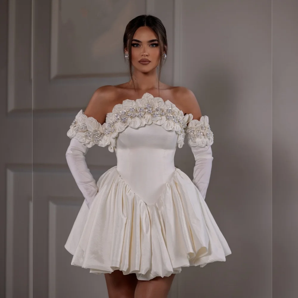 Customized Handmade Flower Pleat Charming Off-the-shoulder A-line Short Dresses Bespoke Occasion Elegant Party Homecoming Dress