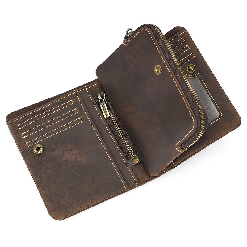 Hot Men Vintage Crazy Horse Leather Short Wallet, Genuine Cowhide Zipper Coin Purse Multi Card Holder with Coin Pocket