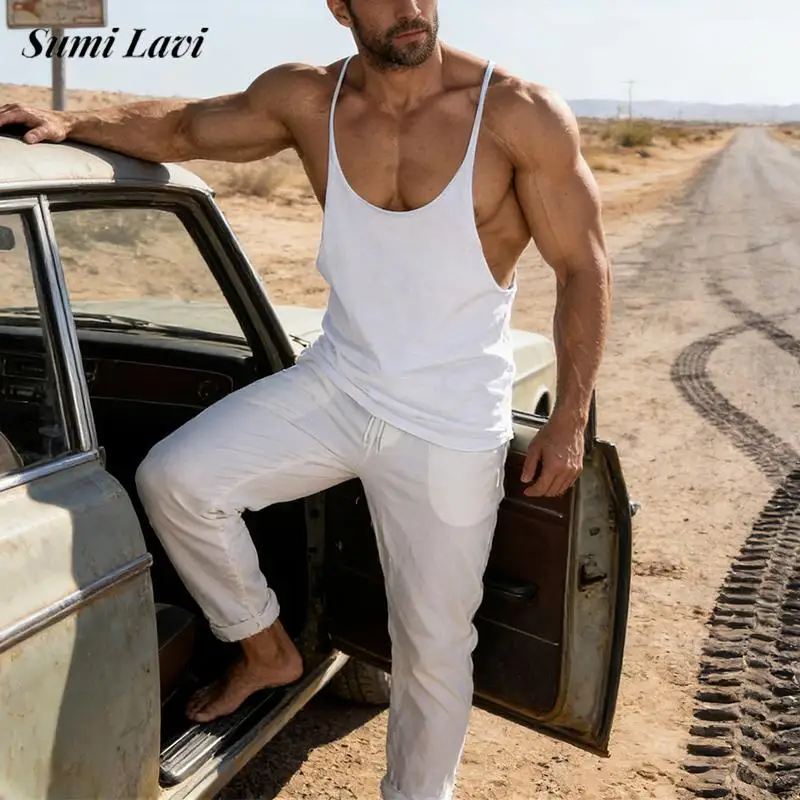 

2026 Spring Summer New Casual Mens Tank Tops Fashionable Sleeveless Straps Vest Men Vintage Pure Color Elastic Slim Fit Camisole