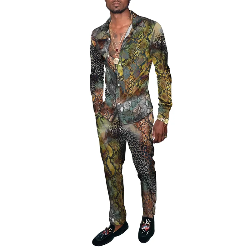 Hawaiian Shirt Suit 3D Leopard print 2PCS Set Striped Check Fashion Breathable Men Long Sleeve Shirt Long Pants Two Piece Suits