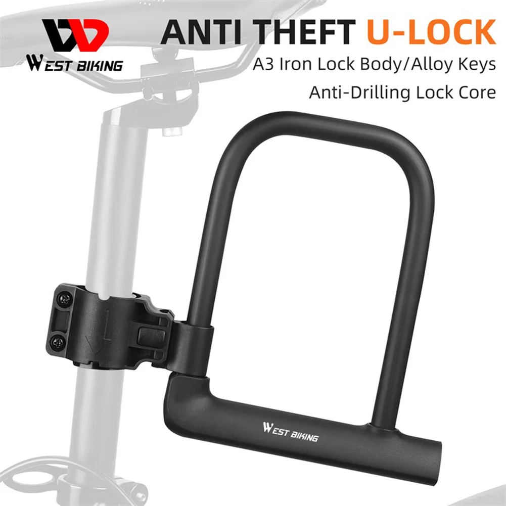 WEST BIKING Bicycle U-Lock Portable Anti-theft Safety Lock MTB Road Bike Padlock Motocycle Scooter with 2 Keys Bike Lock Cycling