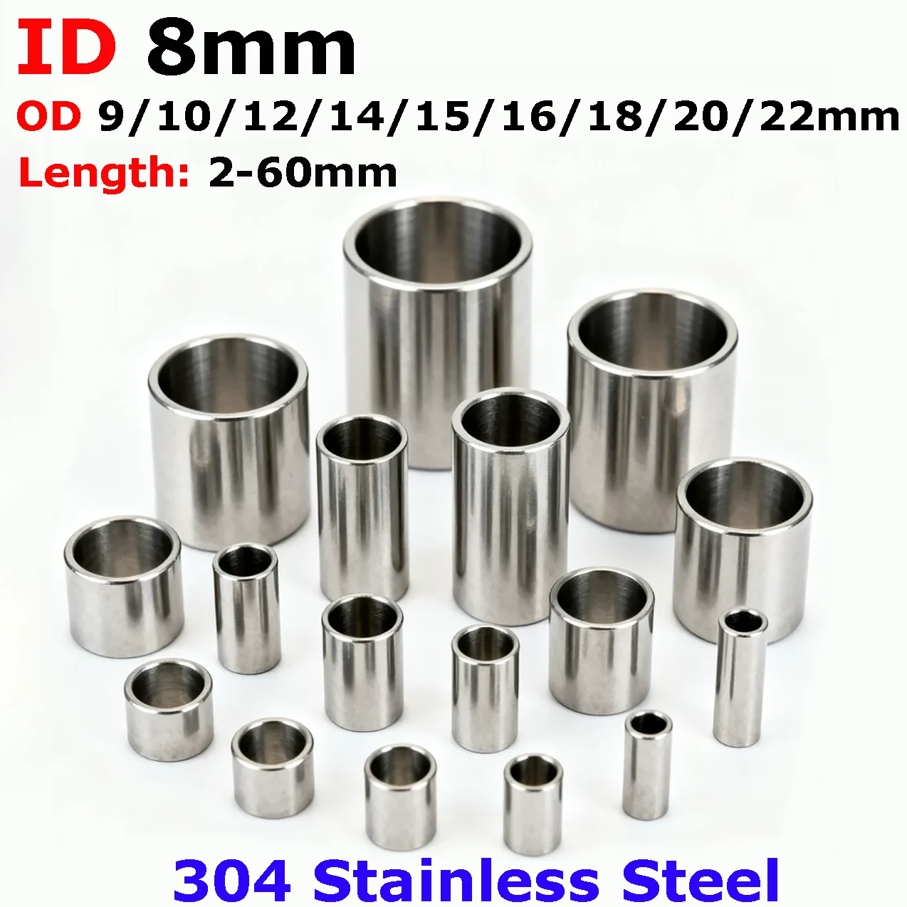 Inner Dia 8mm 304 Stainless Steel Bushing Washer Round Hollow no thread Standoff Spacer OD 9/10/12/14/15/16/18/20/22mm L=2-60mm