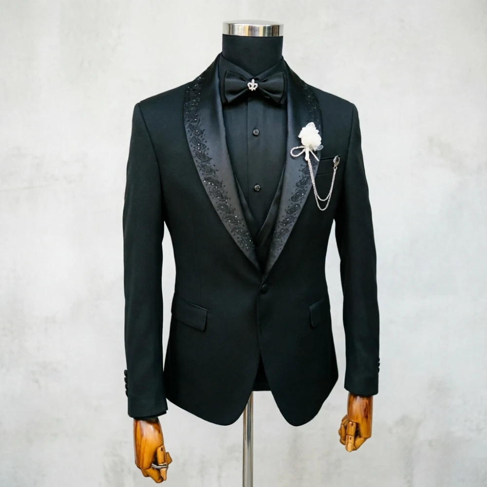 

Мужской свадебный костюм-тройка класса люкс: черный смокинг с вышивкой, шалевым воротником, приталенный пиджак, брюки и жилет для торжественных мероприятий и ужинов