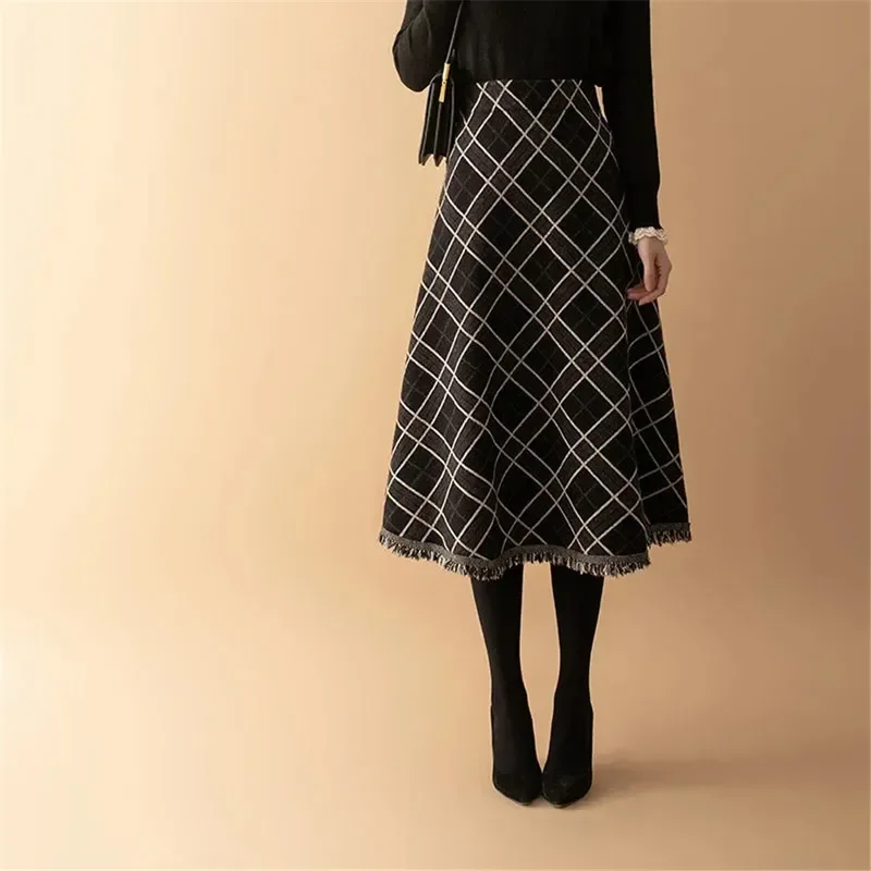 Winter Gebreide Kwastjes A-Lijn Lange Rokken Vrouwen Print Geruite Rok Vrouw Herfst Hoge Taille Warme Rok Elegant Office Lady Saia